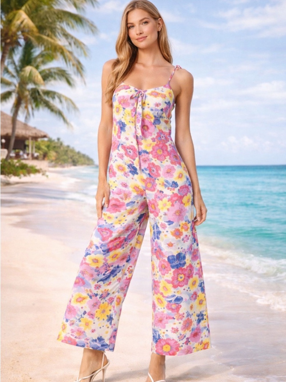Sugarlips Boho Floral Jumpsuit Wide Leg Flowy Vacation Beach XS